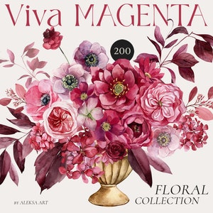 Coleção de clipart de flores em aquarela Buquês de flores vermelhas e rosas Arranjo floral de rosas magenta Cartão de convite de casamento Impressão por sublimação