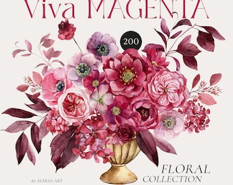 Peut inclure: Composition florale à l'aquarelle dans les tons magenta, rose et bordeaux, présentée dans un vase doré. L'image présente le texte "Viva MAGENTA" en haut et "FLORAL COLLECTION" en bas, avec "200" dans un cercle noir.