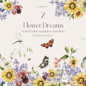 Puede incluir: Borde sin costuras de acuarela con girasoles amarillos, pensamientos morados, nomeolvides azules, hojas verdes y mariposas. El borde es perfecto para agregar un toque de naturaleza a tus diseños.