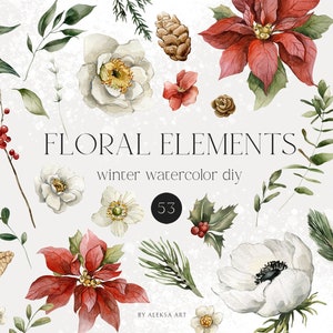 Aquarela Floral Clipar Inverno Folhas Evergreen Poinsettia Bagas Vermelhas Verdura Folhagem De Eucalipto Aconchegante Sublimação De Inverno Png Feriado Natal