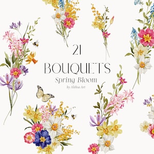 Mazzi floreali primaverili Acquerello fiori luminosi Clipart Primavera Mimosa Tulipano Narciso Buona Pasqua Clipart Disposizione digitale Florals