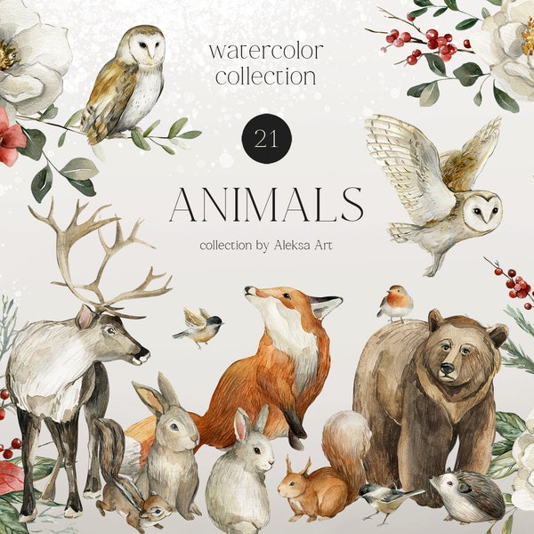 Watercolor Animals Clipart Winter Deer Fox Squirrel Bunny Rabbit Owl Penguin Squirrel Forest Animal Sublimation Png Baby Shower Clipart Xmas