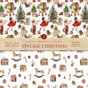 Papéis digitais de Natal vintage - Padrão de aquarela de feriado, crianças de Natal vintage, padrão sem costura de Natal, brinquedos de madeira vintage