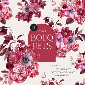 Clipart de buquê floral em aquarela Flores magenta Arranjo de outono brilhante Composição floral de feriado Cartão de ação de graças Convite de casamento