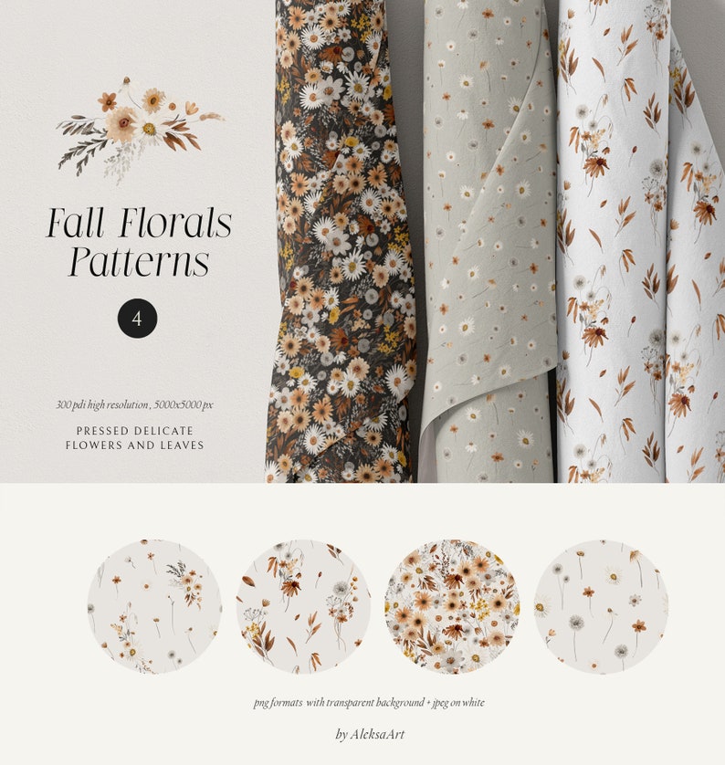 Autumn Pattern Watercolor Clipart Season Flowers Fall Floral Pressed ...