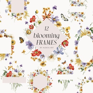 Printemps fleurs sauvages cadre Clipart aquarelle été fleurs délicates Sublimation florale minuscule Png Baby Shower mariage carte d'invitation papillons