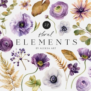 Imágenes prediseñadas de flores botánicas para bodas, elementos florales morados, bricolaje, flores lilas, acuarela, estética, impresión por sublimación, conjunto digital, ilustración