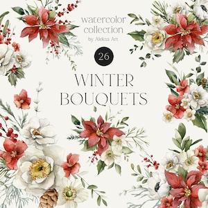 Aquarela Natal Floral Bouquet Clipart Inverno Verdejante Cartão De Saudação De Férias Cartão De Convite De Natal Impressão De Sublimação Flores Vermelhas Ano Novo
