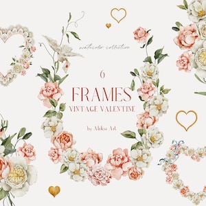 Watercolor Vintage Valentines Clipart Flowers Frame Dusty Roses Antique Heart Romantic Frame Valentines Day Wedding Invite Card Pink Florals