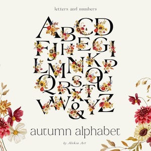 Letras de aquarela de outono clipart estação flores de outono alfabeto e números scrapbooking outono monograma sublimação png casamento tipografia