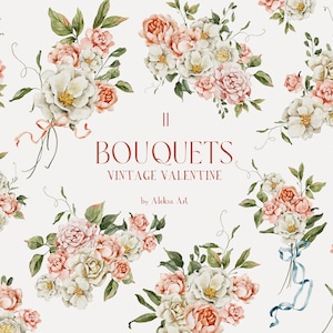 Buquês florais aquarela primavera flores românticas vintage dia dos namorados clipart rosas empoeiradas cartão de convite de casamento antigo arranjo floral