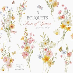 Clipart di bouquet floreali primaverili ad acquerello, perfetti per baby shower, scrapbooking primaverile, fiori per inviti di nozze, sublimazione digitale Png