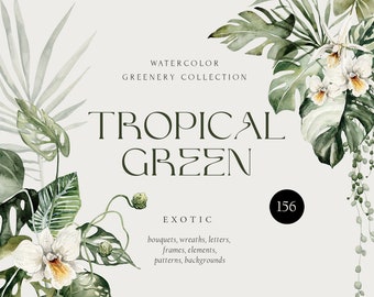 Tropical Watercolor Floral Clipart Tropical Flowers and Leaves Exotic Clipart Watercolor Foliage Tropical Wedding Clipart Sublimation Print