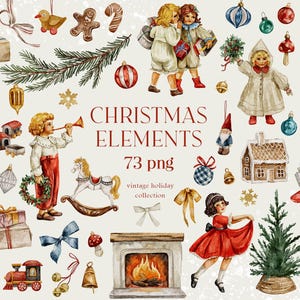 Decoração de Natal em aquarela Clipart - Conjunto de elementos de Natal - Crianças e cães fofos de férias - Conjunto de inverno para cartões - Clipart digital PNG