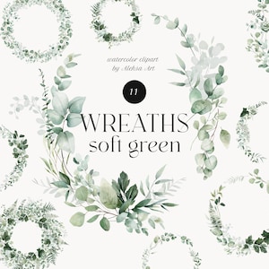Pode incluir: Um conjunto de 11 coroas de aquarela em tons de verde suaves. As coroas são feitas de folhas de eucalipto e outras plantas verdes. O texto "watercolor clipart by Aleksa Art" e "11 Wreaths soft green" está incluído na imagem.
