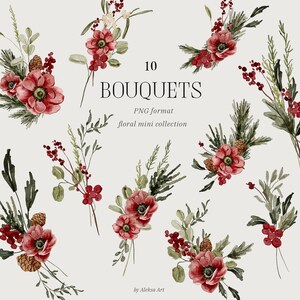 Watercolor Christmas Bouquet Clipart Winter Greenery Holiday Greeting Card Xmas Invitation Card Sublimation Print Red Flowers New Year image 3