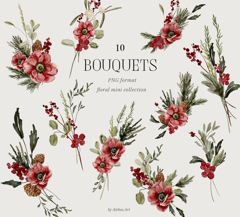 Watercolor Christmas Bouquet Clipart Winter Greenery Holiday Greeting Card Xmas Invitation Card Sublimation Print Red Flowers New Year image 3