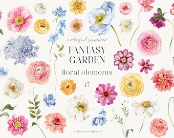 Fantasy Garden Flowers Watercolor Floral Elements Png Pastel Flowers Bright Flowers Clipart Sublimation Print Digital Set Summer Florals