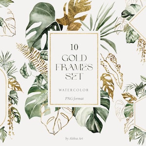 Marcos de vegetación tropical dorada Imágenes Prediseñadas Follaje de acuarela Flores tropicales Monstera Palmas Hojas Sublimación Boda Invitar marcos de selva