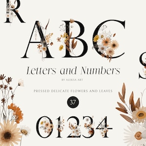 Herbst Alphabet Aquarell Clipart Saison Gepresste Blumen Buchstaben Herbst Winzige Blumen Zahlen Scrapbooking Herbst Sublimation Png Typografie