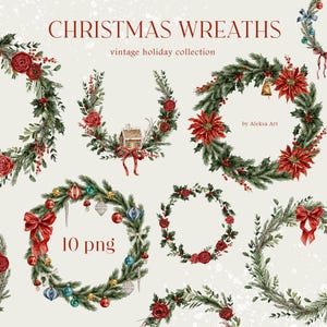 Clipart di ghirlande floreali di Natale - Cornice invernale vintage, Clipart di Natale classico, Biglietto di invito di Natale, Ghirlanda di acquerello verde