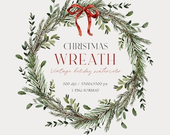 May include: A watercolor painting of a Christmas wreath made of green pine branches and leaves with a red bow. The text "CHRISTMAS WREATH" is written in the center of the wreath. The text "Vintage holiday watercolor" is written below the wreath. The text "300 dpi / 3500x3500 px" is written below the text "Vintage holiday watercolor". The text "1 PNG FORMAT" is written below the text "300 dpi / 3500x3500 px". The text "by Aleksa Art" is written below the text "1 PNG FORMAT".
