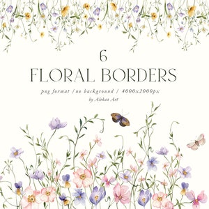 Bos lente bloemen grens clipart aquarel vlinders delicate bloemen babyshower uitnodiging sublimatie PNG bos kleine bloemen