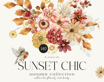 May include: Watercolour illustration of a floral bouquet with autumnal colours, including red, pink, yellow, and white flowers. The bouquet is surrounded by brown leaves and a small bird is flying above it. The text "Sunset Chic" and "autumn collection watercolour florals and birds" is below the bouquet.