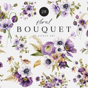 Aquarela Buquê Roxo Clipart Flores Lilás Composição Arranjo Floral Sublimação Png Cartão Convite De Casamento Anêmona Ranúnculo