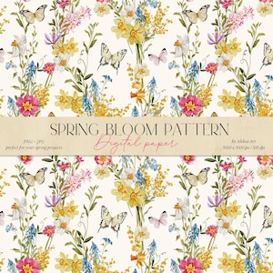 Padrão floral de primavera, download digital, papel para scrapbook, padrão sem emendas, fundo digital de aquarela, design têxtil floral amarelo e rosa