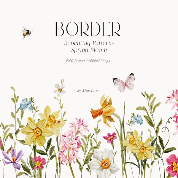 Spring Wildflower Border Clipart Happy Easter Watercolor Delicate Flowers Seamless Pattern Wedding Invitation Sublimation Summer Butterflies