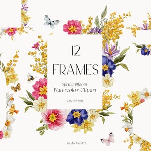 Clipart cadre aquarelle fleurs sauvages fleurs délicates d'été printemps fleurs d'été lumineuses Joyeuses Pâques sublimation mariage inviter papillons