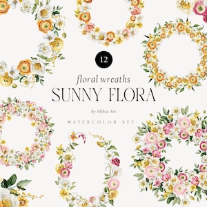 Couronnes de fleurs printanières Clipat aquarelle fleurs ensoleillées Clipart d'été Fleurs de Pâques Arrangement mariage carte d'invitation PNG numérique