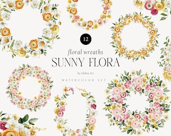 May include: Watercolor floral wreaths in a variety of designs. The image features 12 wreaths with flowers in shades of yellow, white, pink, and green. The text "floral wreaths SUNNY FLORA" is displayed in the center.