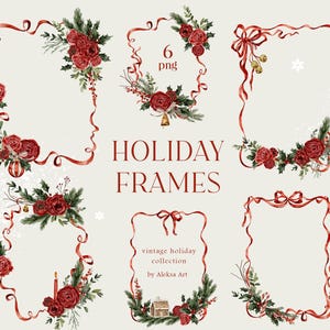 Moldura de laços de Natal em aquarela - Borda de laços de Natal, Moldura vermelha fofa, Clipart de moldura de fita para cartão de Natal, Clipart de Natal vintage