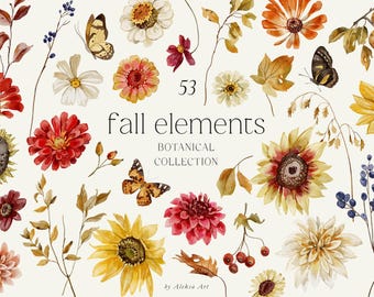 Set di fiori autunnali ad acquerello, fiori clipart, flora, foglie autunnali, farfalle, biglietti d'invito per matrimonio, fiori di campo dipinti a mano, autunno, sublimazione