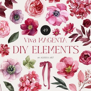 Flor Botánica Clip Art Boda Elementos Florales DIY Flores Magenta Acuarela Estética Sublimación Impresión Digital Set Ilustración Png