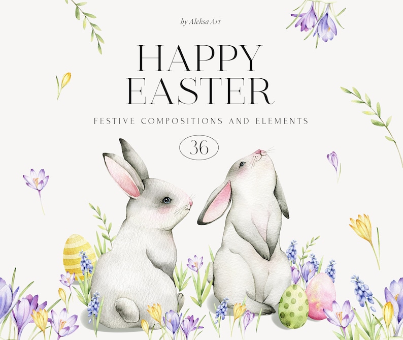 Watercolor Happy Easter Clipart Cute Bunny Flowers Wreath Spring ...