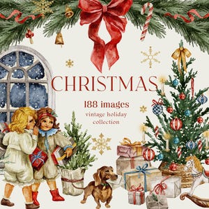 Aquarelle Noël vintage Clipart, clipart enfants, verdure d'hiver, arbre de Noël, noeuds rouges, vacances d'enfants PNG, image numérique pour cartes
