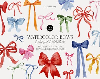 Watercolor Bows and Ribbons Collection Holiday Digital Clipart Birthday Gifts Design Clipart Card Xmas Baby Shower Clipart Sublimation Png