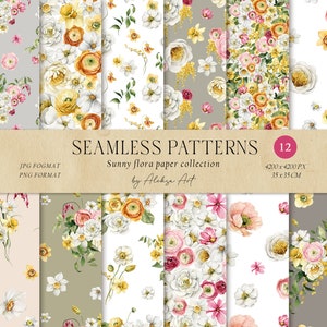 Spring Floral Pattern Digital Download Scrapbook Paper Sunny Floral Seamless Patterns Digital Background Watercolor Paper Set Meadow Flowers