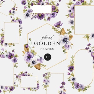 Marcos florales dorados Acuarela Clipart Flores moradas Marco geométrico dorado Arreglo floral delicado Tarjeta de invitación de boda Impresión de sublimación