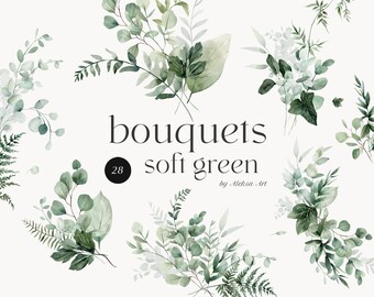 May include: A set of 28 watercolor illustrations of soft green bouquets, featuring various types of leaves and branches. The text "bouquets soft green by Aleksa Art" is included in the image.