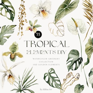Conjunto de clipart de aquarela de flores e folhas tropicais - elementos exóticos de verão dourado floral tropical DIY - convite de casamento - clipart digital PNG