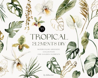 May include: A collection of 55 watercolor tropical elements, including leaves, flowers, and gold accents. The elements are perfect for creating digital or physical designs.