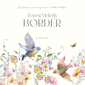 Primavera Pássaros Fronteira Clipart Feliz Páscoa Aquarela Borboletas Flores Delicadas Convite Chá De Bebê Sublimação PNG Floresta Pequenas Flores