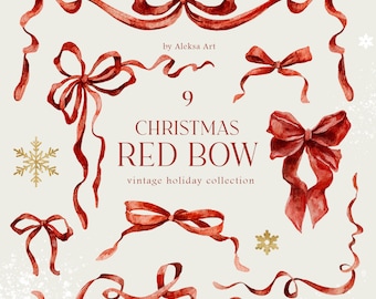 May include: Nine watercolor illustrations of red Christmas bows with ribbons. The bows are in various sizes and shapes. The text "9 Christmas Red Bow vintage holiday collection" is written below the bows.