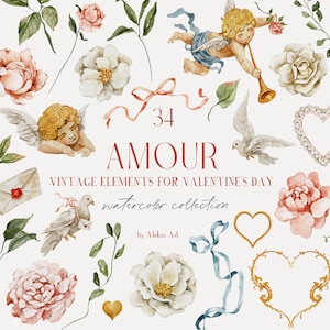 Acuarela Vintage Día de San Valentín Clipart Elementos florales DIY Rosas polvorientas Antiguo romántico San Valentín Tarjeta de invitación de boda Cupido Amour Png