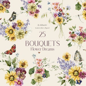 Buquê de flores silvestres de verão clipart primavera florais aquarela prado pequenas flores convite de casamento cartão campo ervas sublimação png borboleta