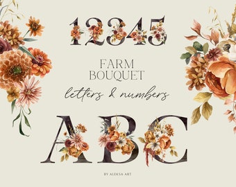 Autumn Alphabet Watercolor Clipart Season Fall Flowers Letters And Numbers Scrapbooking Autumn Monogram Sublimation Png Floral Typography